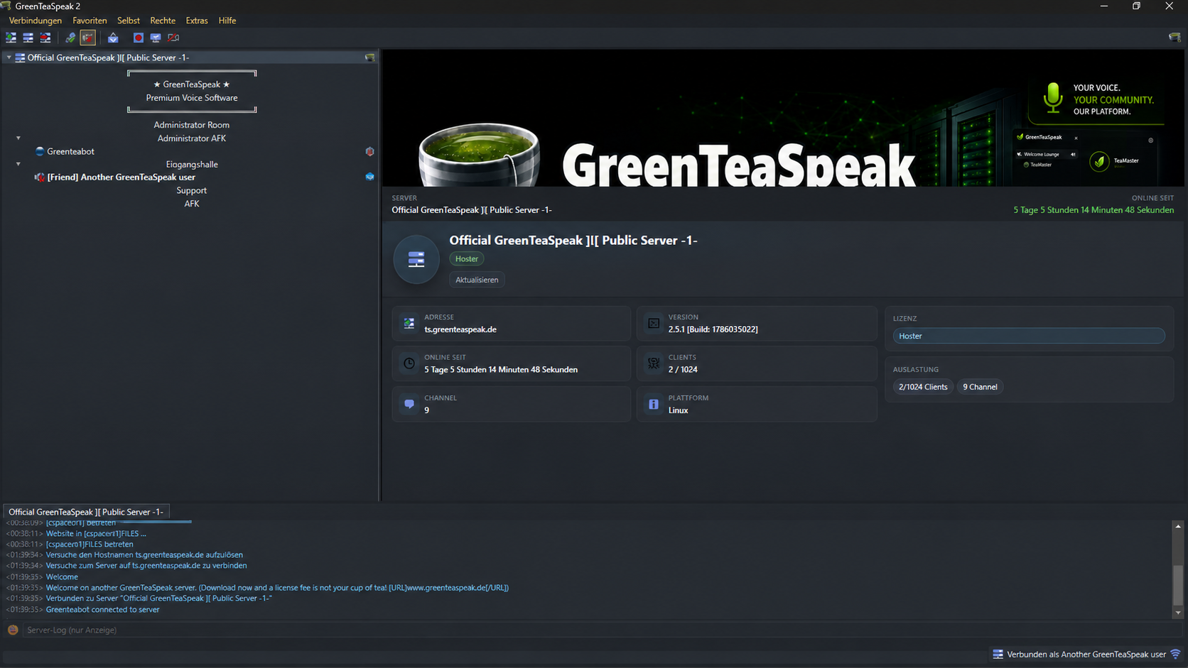 GreenTeaSpeak Client mit verbundenem Community-Server