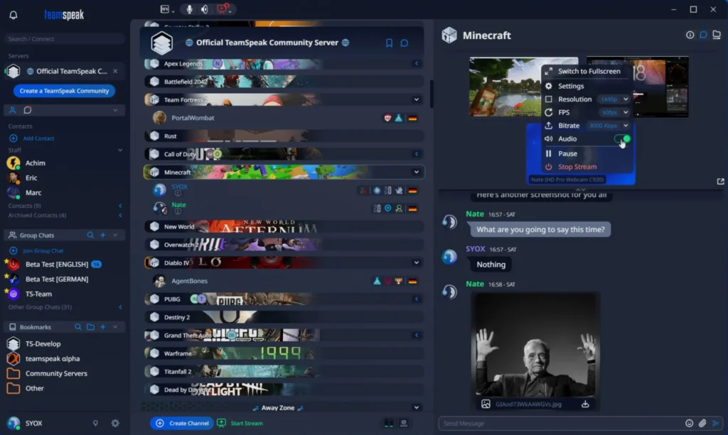 TeamSpeak-6-Oberfläche mit Sprachkanälen und Bildschirmübertragung